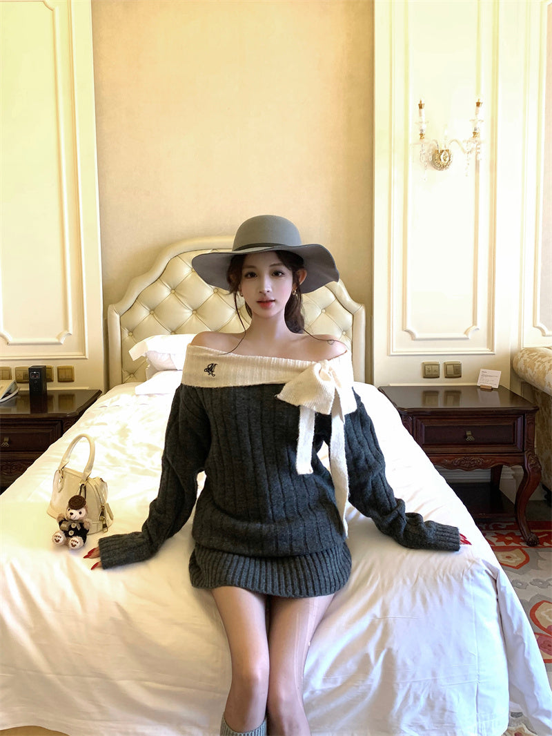 Dreamy Sheath Grey Loose Fit Knitted Mini Skirt Fashionable Off-Shoulder Bow Accent Long Sleeve Short Dress AP3700