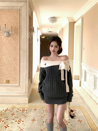 Dreamy Sheath Grey Loose Fit Knitted Mini Skirt Fashionable Off-Shoulder Bow Accent Long Sleeve Short Dress AP3700