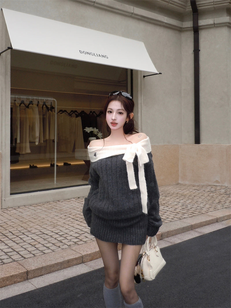 Dreamy Sheath Grey Loose Fit Knitted Mini Skirt Fashionable Off-Shoulder Bow Accent Long Sleeve Short Dress AP3700