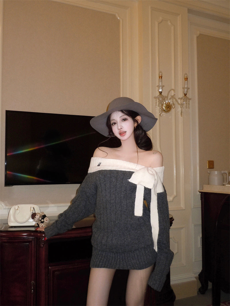 Dreamy Sheath Grey Loose Fit Knitted Mini Skirt Fashionable Off-Shoulder Bow Accent Long Sleeve Short Dress AP3700