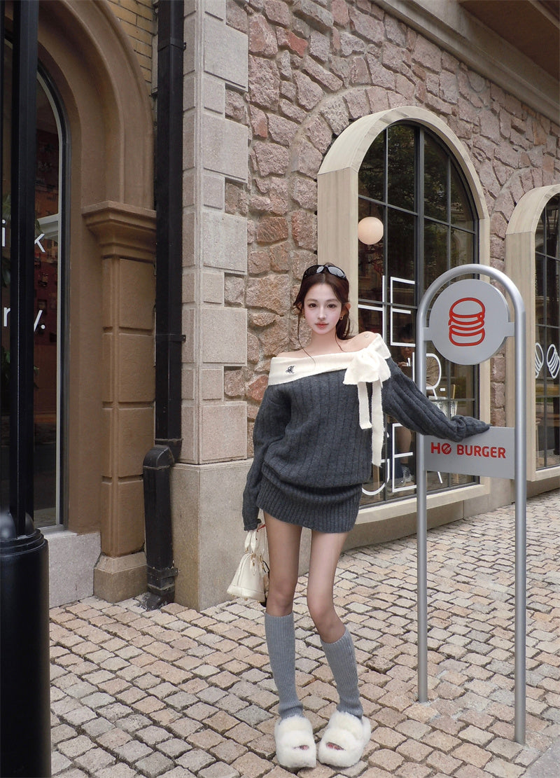Dreamy Sheath Grey Loose Fit Knitted Mini Skirt Fashionable Off-Shoulder Bow Accent Long Sleeve Short Dress AP3700