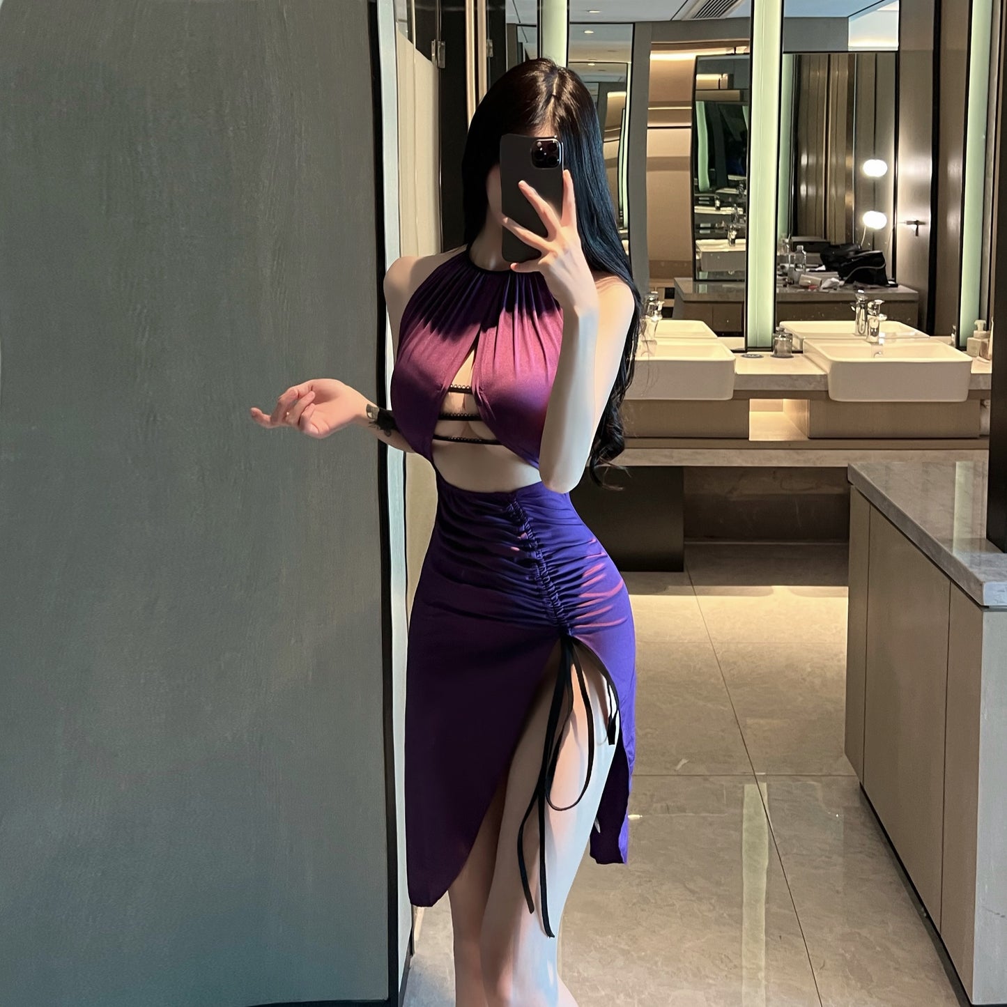 Ethereal Cutout Purple Gathered Mini Skirt Alluring Sheath Parties Outside Backless Halter Short Dress AP3701