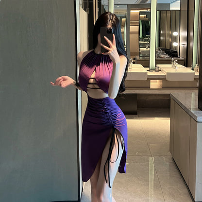 Ethereal Cutout Purple Gathered Mini Skirt Alluring Sheath Parties Outside Backless Halter Short Dress AP3701