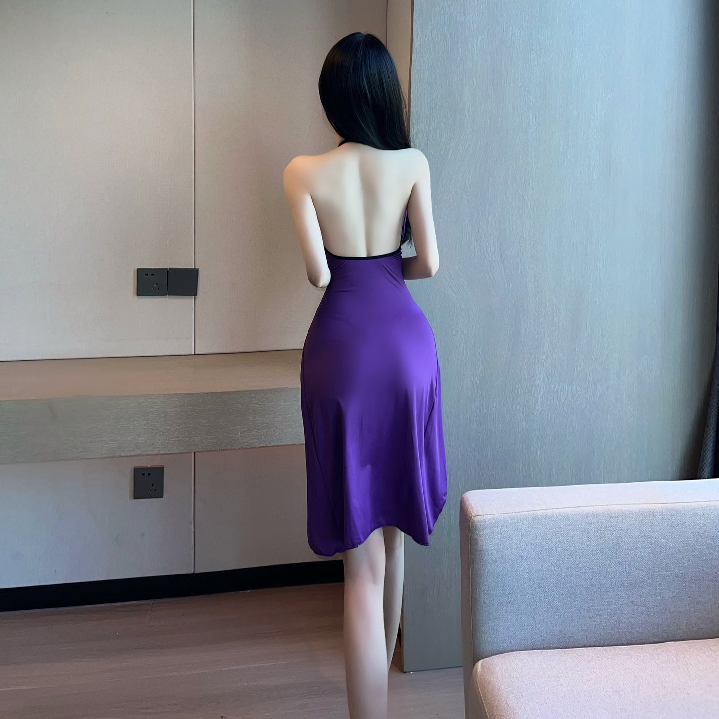 Ethereal Cutout Purple Gathered Mini Skirt Alluring Sheath Parties Outside Backless Halter Short Dress AP3701