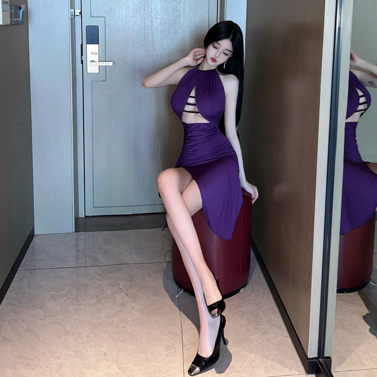 Ethereal Cutout Purple Gathered Mini Skirt Alluring Sheath Parties Outside Backless Halter Short Dress AP3701