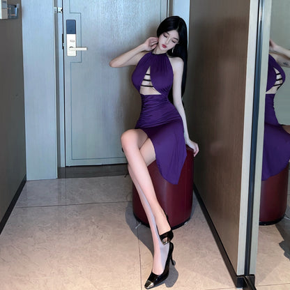 Ethereal Cutout Purple Gathered Mini Skirt Alluring Sheath Parties Outside Backless Halter Short Dress AP3701