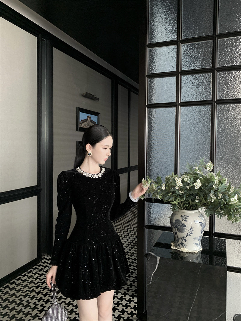 Sheen Sequins Accent A-Line Black Mini Skirt Vogue Crystal Jewel Neck Long Sleeve Short Dress AP3702