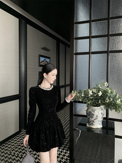Sheen Sequins Accent A-Line Black Mini Skirt Vogue Crystal Jewel Neck Long Sleeve Short Dress AP3702