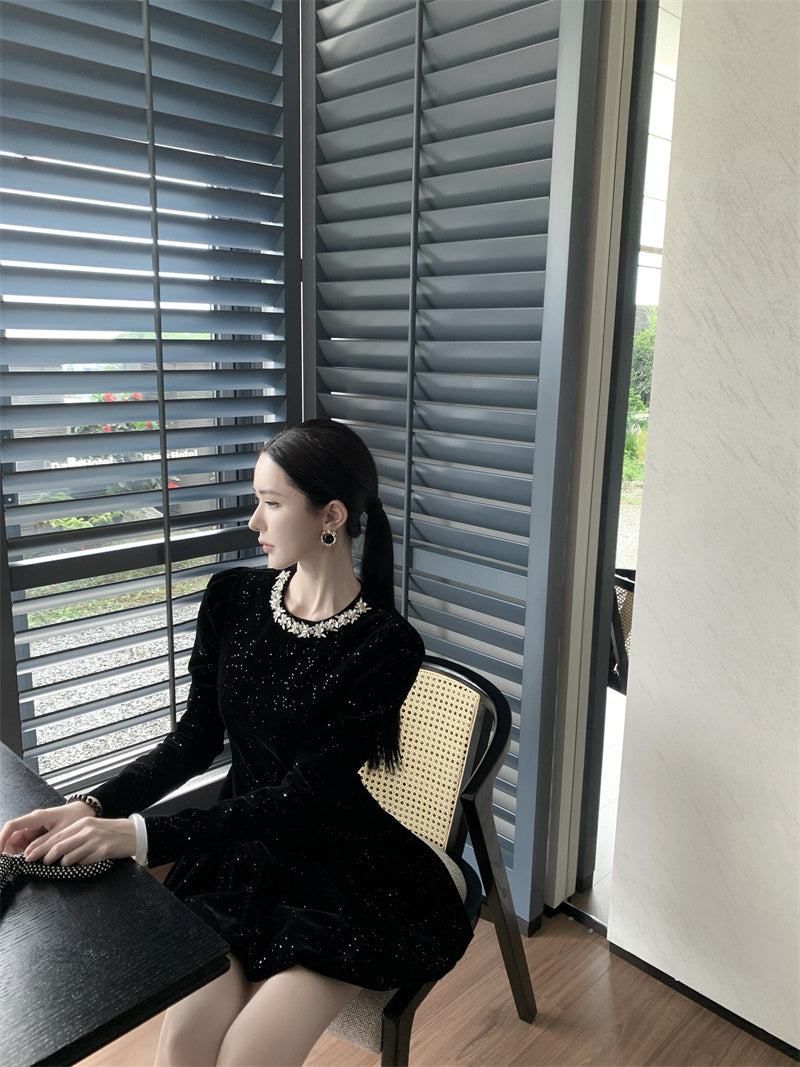 Sheen Sequins Accent A-Line Black Mini Skirt Vogue Crystal Jewel Neck Long Sleeve Short Dress AP3702