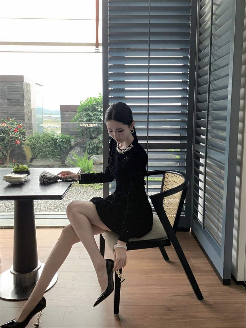 Sheen Sequins Accent A-Line Black Mini Skirt Vogue Crystal Jewel Neck Long Sleeve Short Dress AP3702