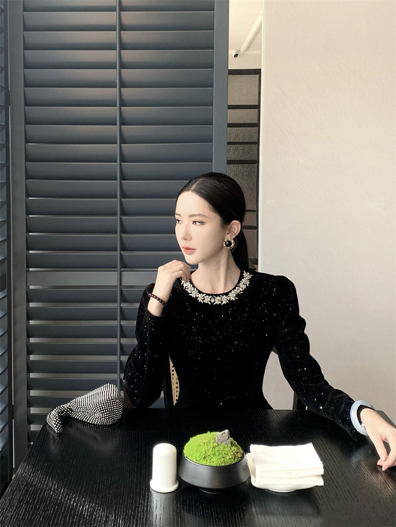 Sheen Sequins Accent A-Line Black Mini Skirt Vogue Crystal Jewel Neck Long Sleeve Short Dress AP3702