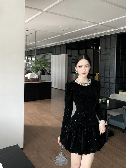 Sheen Sequins Accent A-Line Black Mini Skirt Vogue Crystal Jewel Neck Long Sleeve Short Dress AP3702