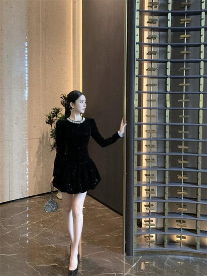 Sheen Sequins Accent A-Line Black Mini Skirt Vogue Crystal Jewel Neck Long Sleeve Short Dress AP3702