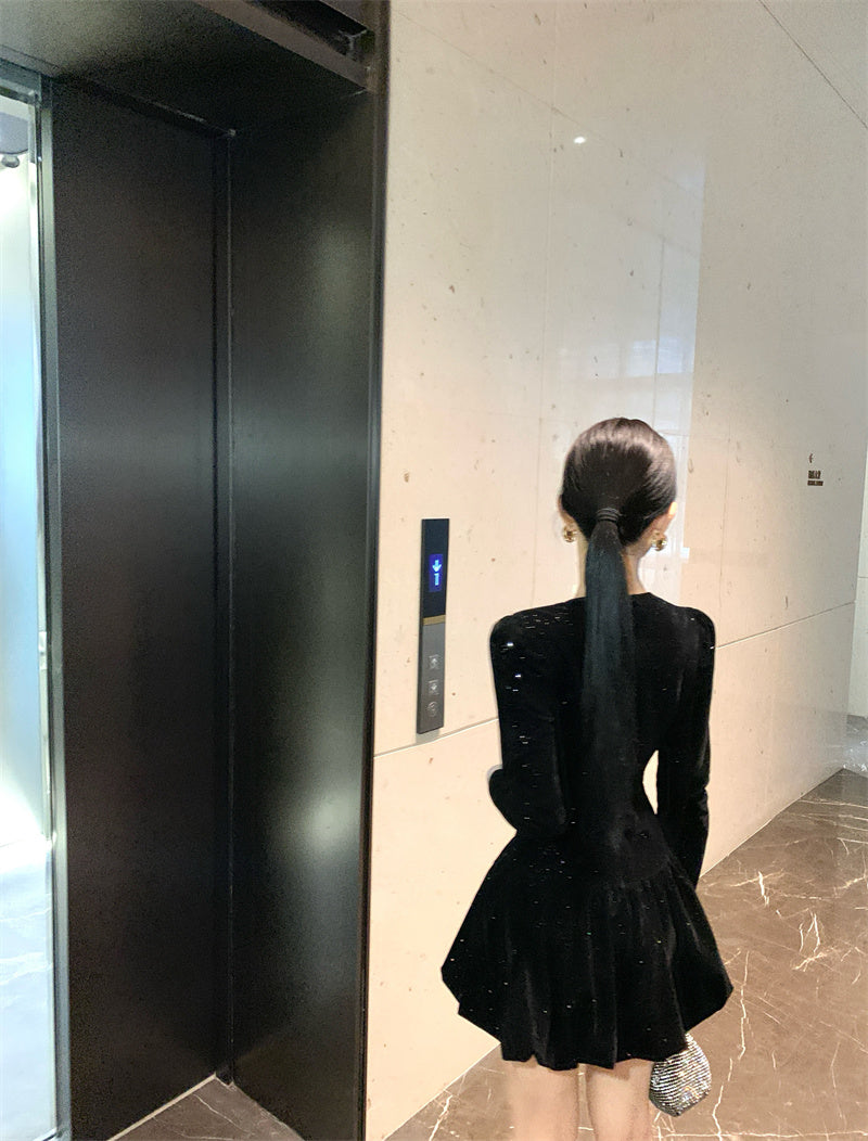 Sheen Sequins Accent A-Line Black Mini Skirt Vogue Crystal Jewel Neck Long Sleeve Short Dress AP3702