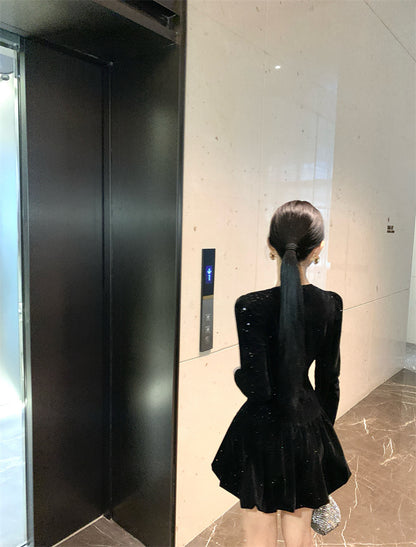 Sheen Sequins Accent A-Line Black Mini Skirt Vogue Crystal Jewel Neck Long Sleeve Short Dress AP3702