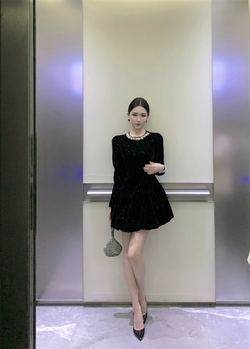 Sheen Sequins Accent A-Line Black Mini Skirt Vogue Crystal Jewel Neck Long Sleeve Short Dress AP3702