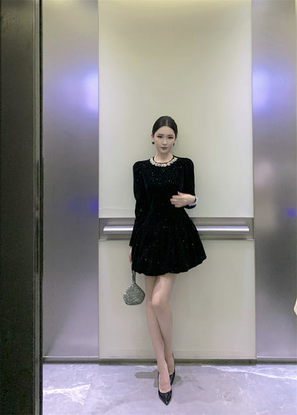 Sheen Sequins Accent A-Line Black Mini Skirt Vogue Crystal Jewel Neck Long Sleeve Short Dress AP3702