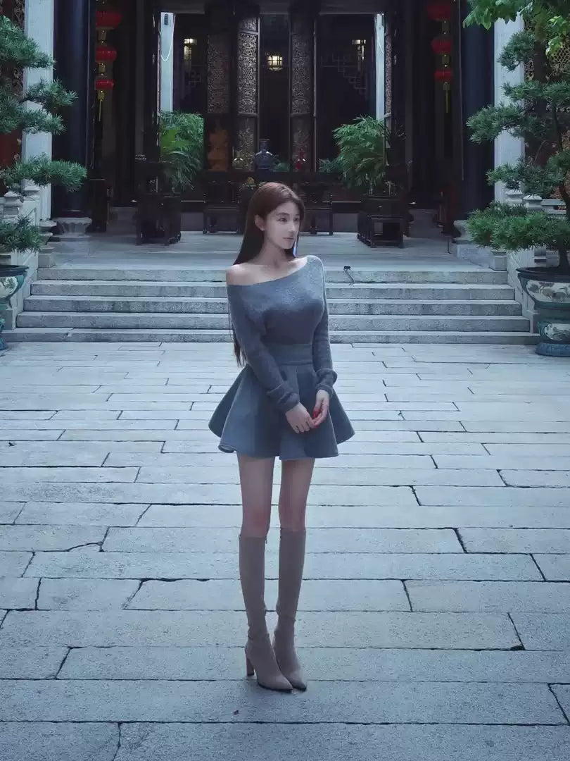 Gorgeous A-Line Grey Cinched-Waist Mini Skirt Minimalism Asymmetric Neck Long Sleeve Short Dress AP3704