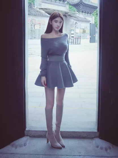 Gorgeous A-Line Grey Cinched-Waist Mini Skirt Minimalism Asymmetric Neck Long Sleeve Short Dress AP3704