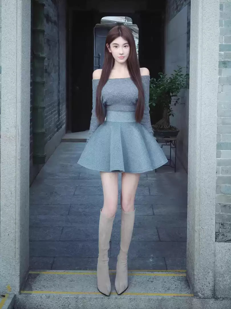 Gorgeous A-Line Grey Cinched-Waist Mini Skirt Minimalism Asymmetric Neck Long Sleeve Short Dress AP3704