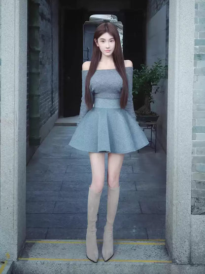 Gorgeous A-Line Grey Cinched-Waist Mini Skirt Minimalism Asymmetric Neck Long Sleeve Short Dress AP3704