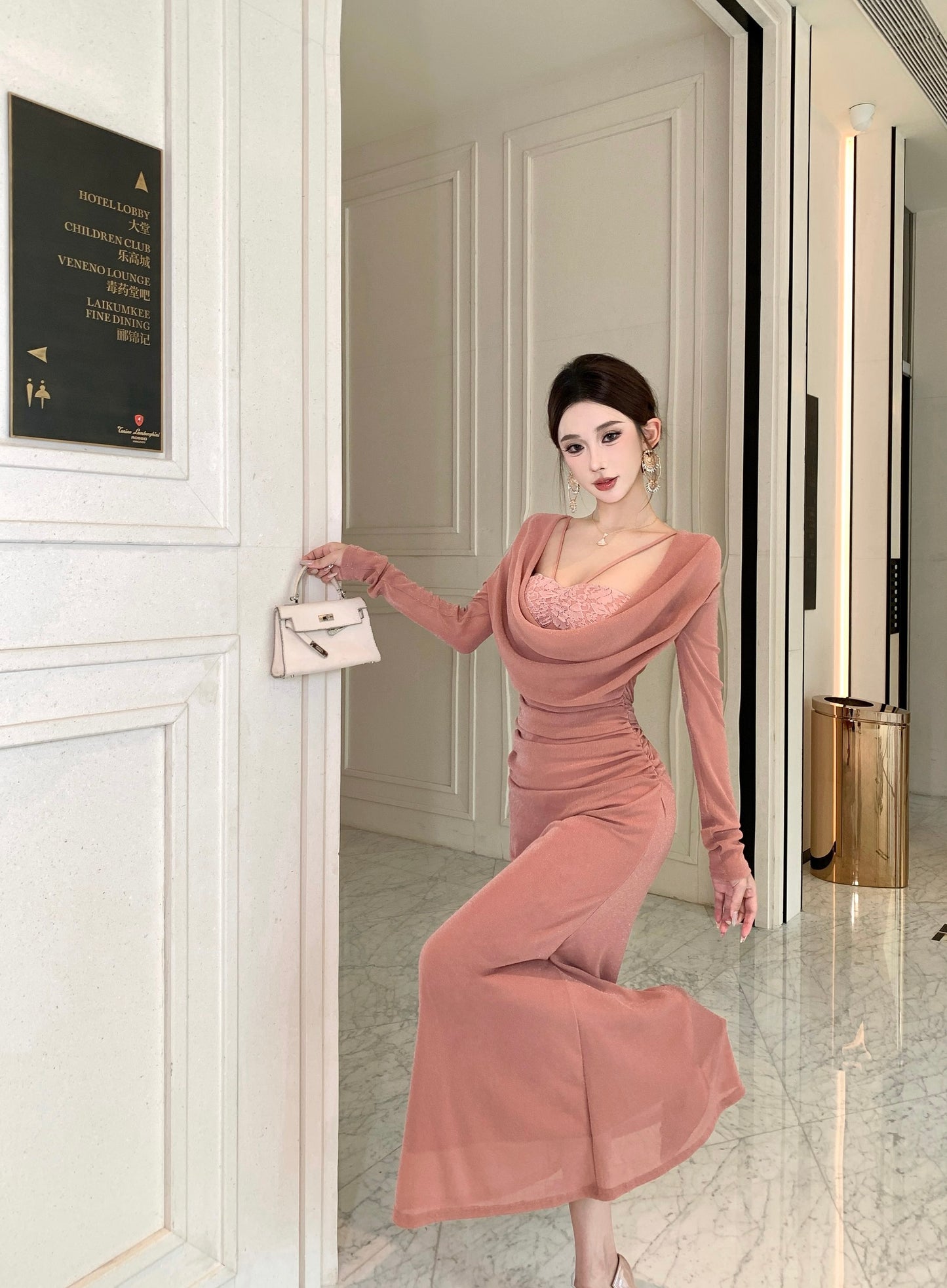 Glam Mermaid Lace Trim Evening Maxi Dress Sheen Long Sleeve Draped Neck Long Dress AP3705