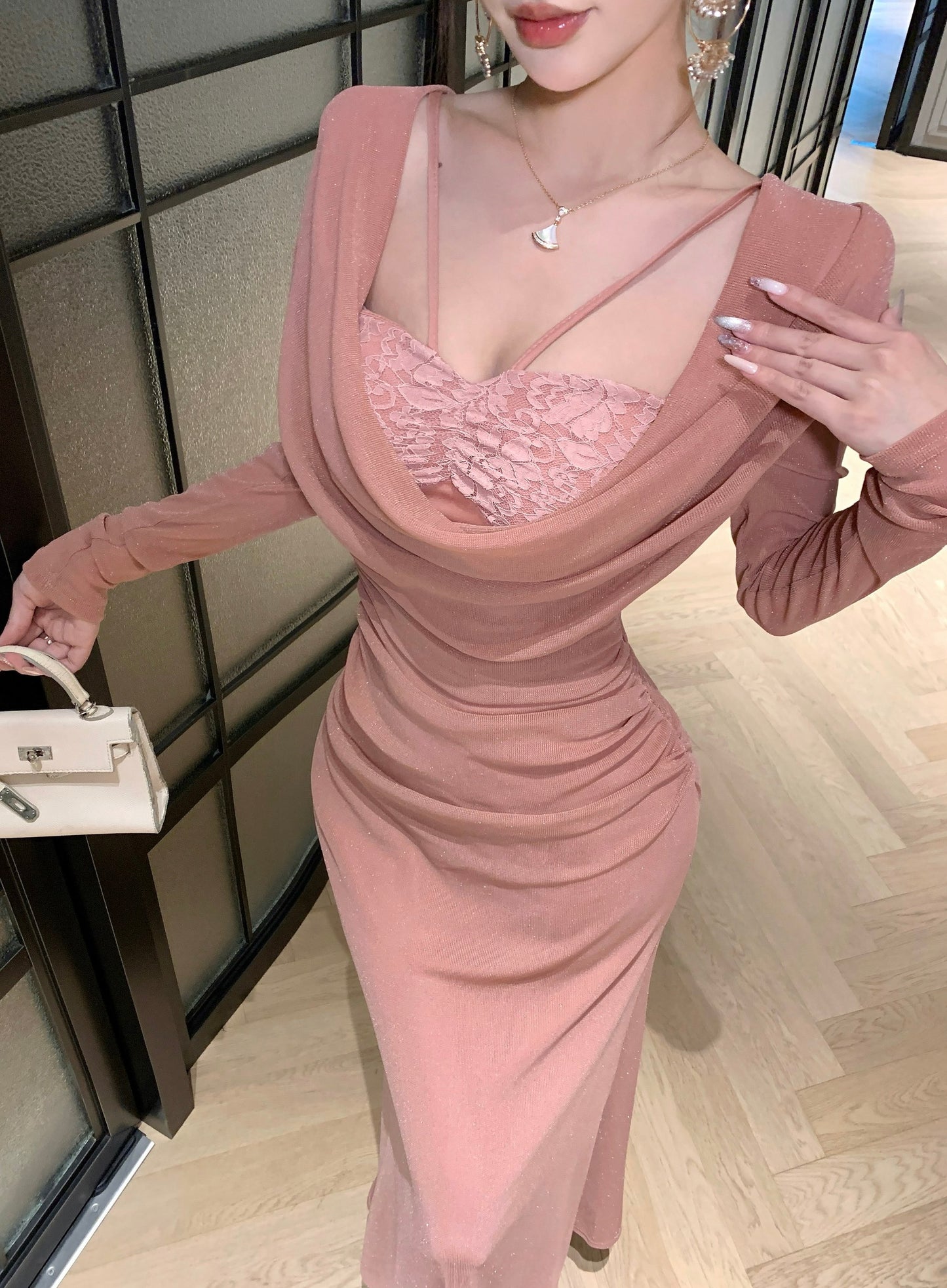 Glam Mermaid Lace Trim Evening Maxi Dress Sheen Long Sleeve Draped Neck Long Dress AP3705