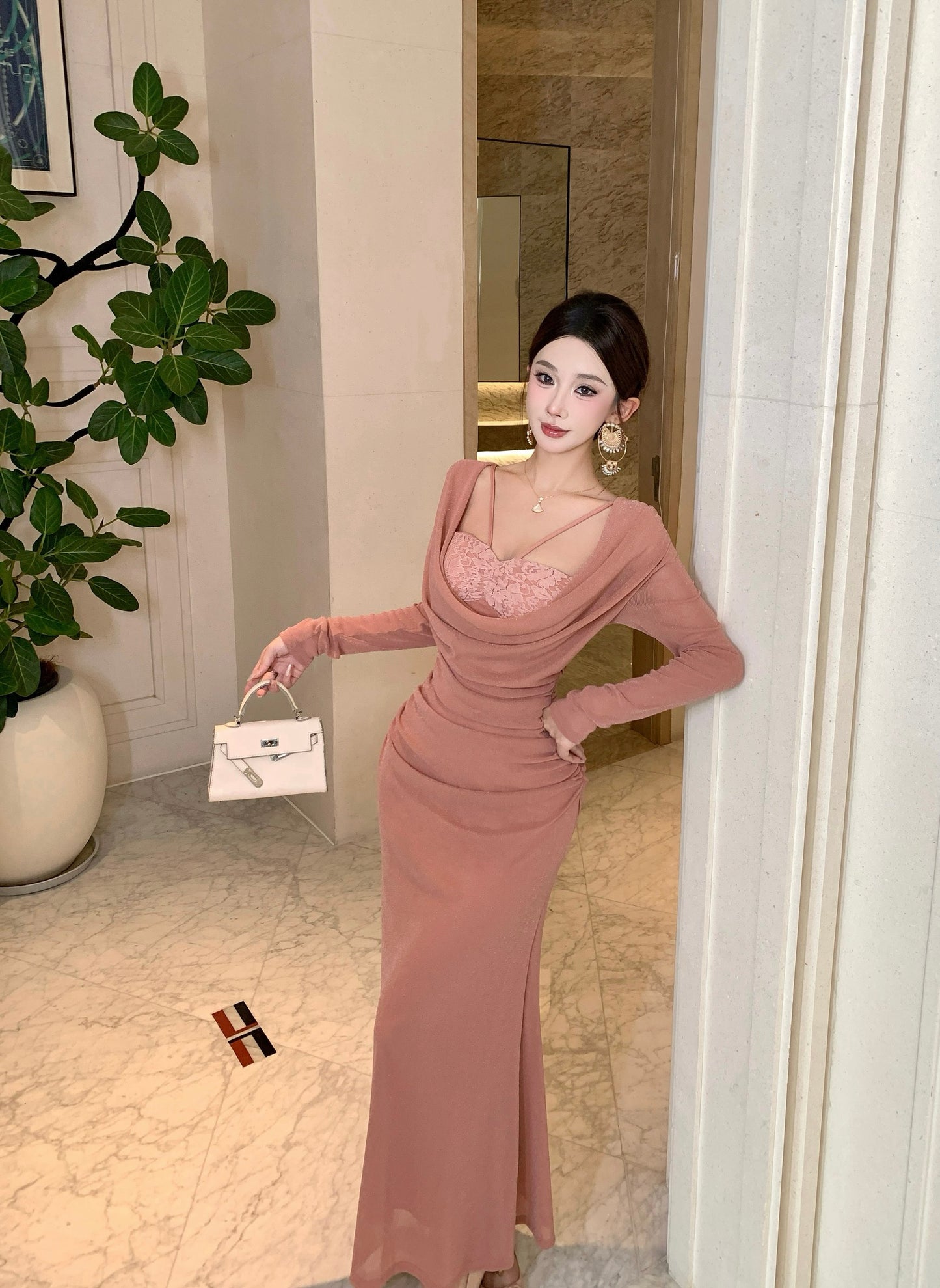 Glam Mermaid Lace Trim Evening Maxi Dress Sheen Long Sleeve Draped Neck Long Dress AP3705