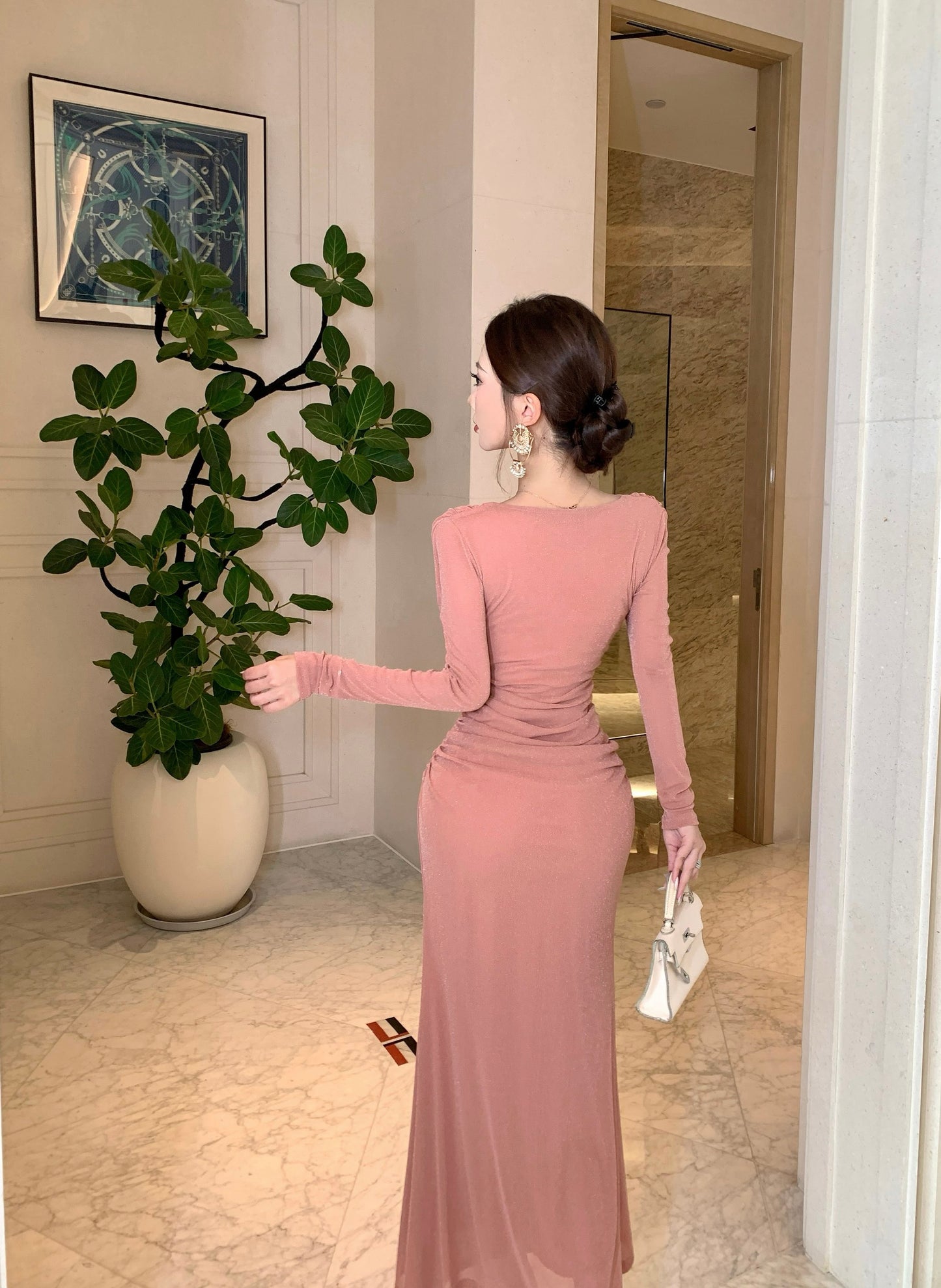 Glam Mermaid Lace Trim Evening Maxi Dress Sheen Long Sleeve Draped Neck Long Dress AP3705