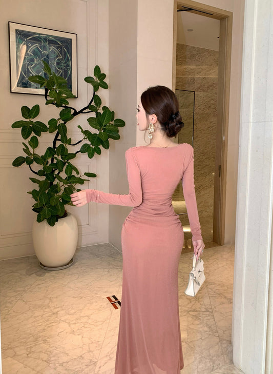 Glam Mermaid Lace Trim Evening Maxi Dress Sheen Long Sleeve Draped Neck Long Dress AP3705