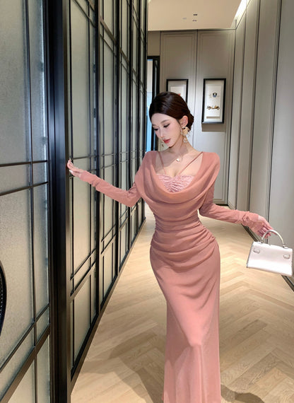 Glam Mermaid Lace Trim Evening Maxi Dress Sheen Long Sleeve Draped Neck Long Dress AP3705