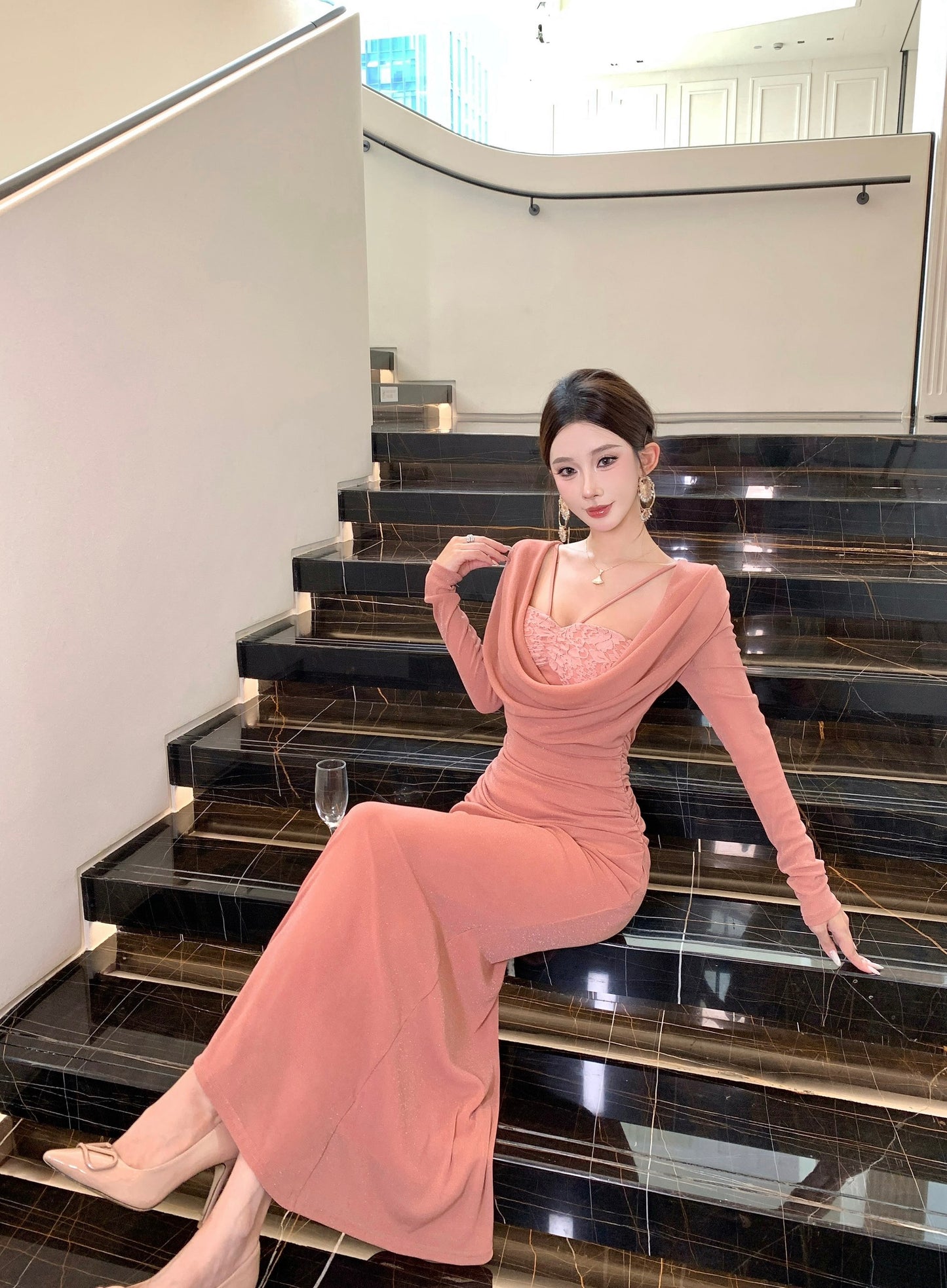 Glam Mermaid Lace Trim Evening Maxi Dress Sheen Long Sleeve Draped Neck Long Dress AP3705