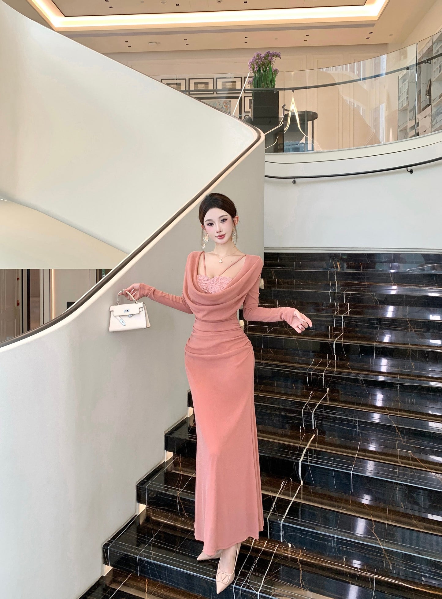 Glam Mermaid Lace Trim Evening Maxi Dress Sheen Long Sleeve Draped Neck Long Dress AP3705