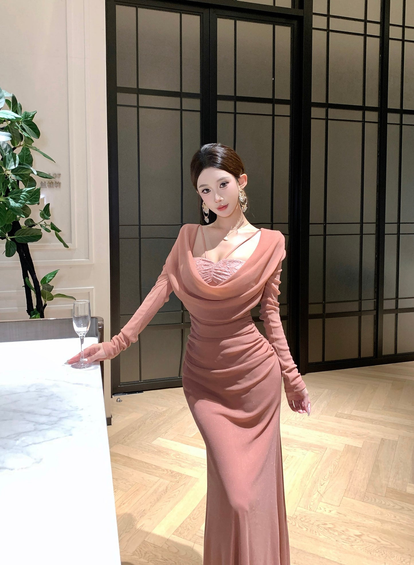 Glam Mermaid Lace Trim Evening Maxi Dress Sheen Long Sleeve Draped Neck Long Dress AP3705