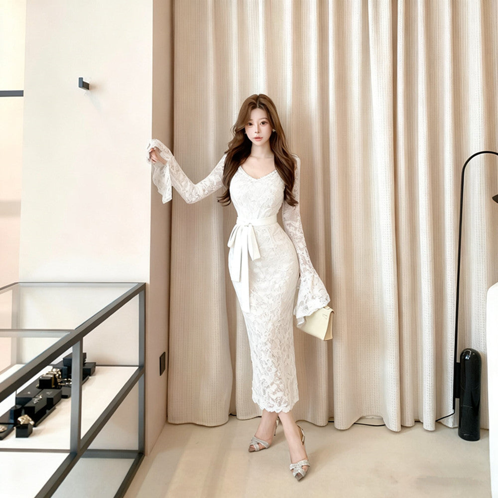 Glamorous Long Bell Sleeve Lace Splicing Sheath Maxi Dress Romantic Crystals Accent V Neck Evening Long Dress AP3706