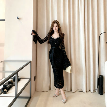 Dramatic Lace Splicing Sheath V Neck Maxi Dress Sexy Crystals Accent Long Bell Sleeve Evening Long Dress AP3707