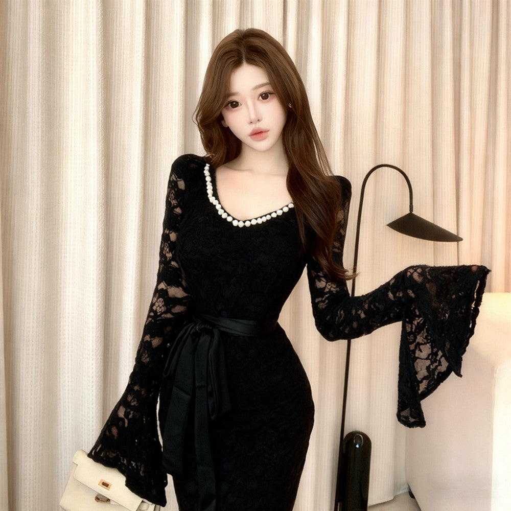 Dramatic Lace Splicing Sheath V Neck Maxi Dress Sexy Crystals Accent Long Bell Sleeve Evening Long Dress AP3707