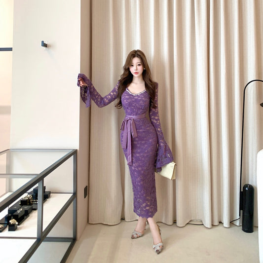 Stunning Crystals Accent V Neck Lace Splicing Maxi Dress Vogue Long Bell Sleeve Sheath Evening Long Dress AP3708