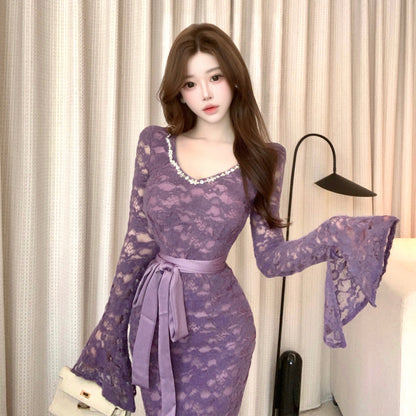 Stunning Crystals Accent V Neck Lace Splicing Maxi Dress Vogue Long Bell Sleeve Sheath Evening Long Dress AP3708