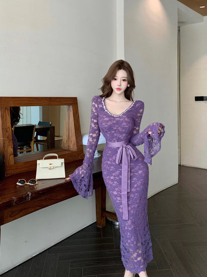 Stunning Crystals Accent V Neck Lace Splicing Maxi Dress Vogue Long Bell Sleeve Sheath Evening Long Dress AP3708