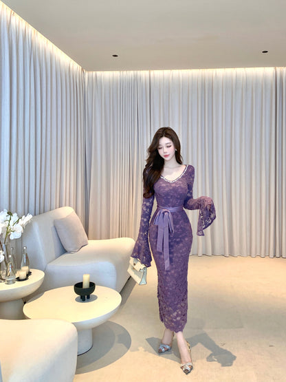 Stunning Crystals Accent V Neck Lace Splicing Maxi Dress Vogue Long Bell Sleeve Sheath Evening Long Dress AP3708