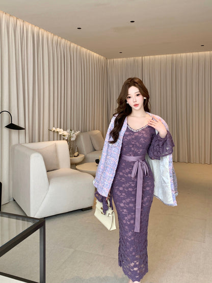 Stunning Crystals Accent V Neck Lace Splicing Maxi Dress Vogue Long Bell Sleeve Sheath Evening Long Dress AP3708