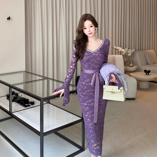 Stunning Crystals Accent V Neck Lace Splicing Maxi Dress Vogue Long Bell Sleeve Sheath Evening Long Dress AP3708