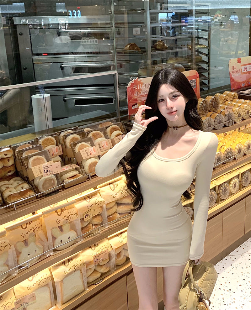 Novelty Square Neck Bodycon Mini Skirt Simple Long Sleeve Stretchy Short Dress AP3709
