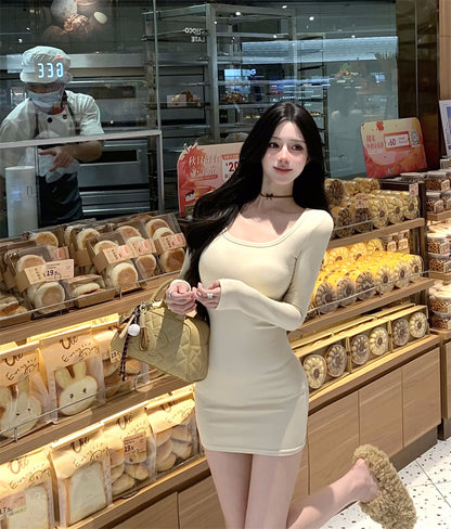 Novelty Square Neck Bodycon Mini Skirt Simple Long Sleeve Stretchy Short Dress AP3709