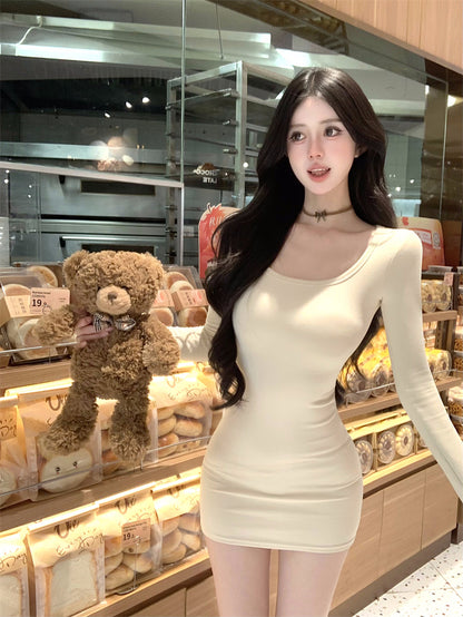 Novelty Square Neck Bodycon Mini Skirt Simple Long Sleeve Stretchy Short Dress AP3709