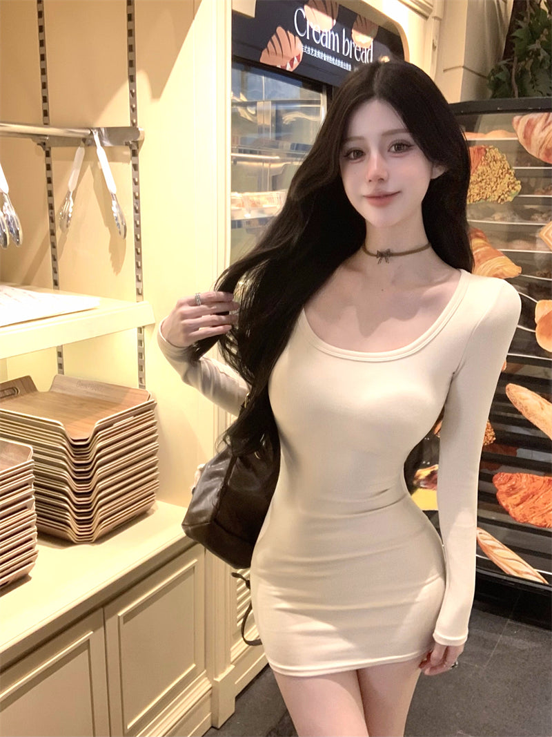 Novelty Square Neck Bodycon Mini Skirt Simple Long Sleeve Stretchy Short Dress AP3709