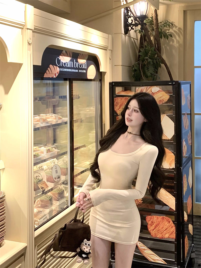 Novelty Square Neck Bodycon Mini Skirt Simple Long Sleeve Stretchy Short Dress AP3709