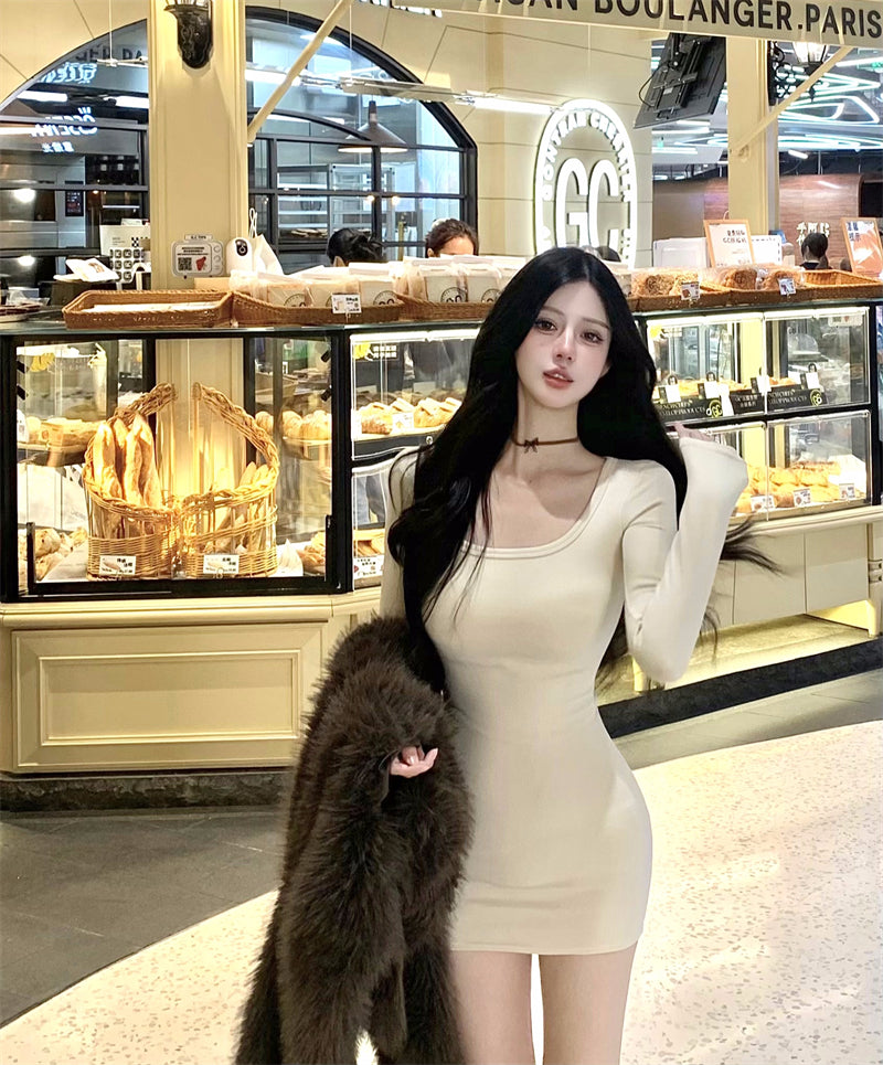 Novelty Square Neck Bodycon Mini Skirt Simple Long Sleeve Stretchy Short Dress AP3709