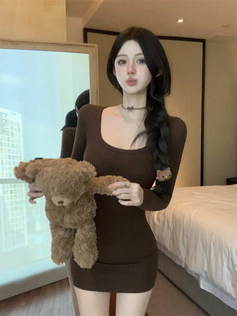 Unique Square Neck Stretchy Fabric Mini Skirt Vintage Long Sleeve Bodycon Parties Outfit Short Dress AP3710